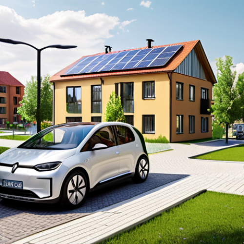 Home 4 **Prompt:** A futuristic, green residential neighborhood in Poland. Instead of cars lining the streets, there are parks, playgrounds, and community gardens. Solar panels are integrated into the architecture. Autonomous vehicles are discreetly parked in designated charging areas, blended into the landscape. Focus on a healthy, active lifestyle with visible pedestrian and cyclist infrastructure.