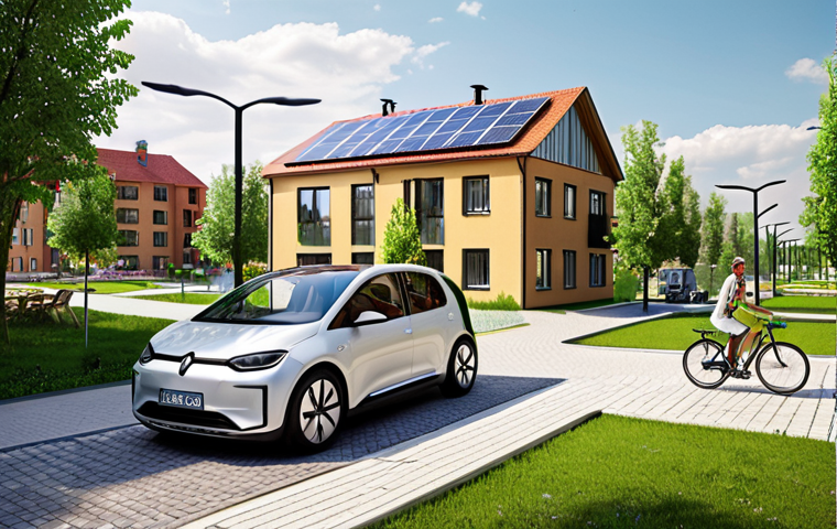 **Prompt:** A futuristic, green residential neighborhood in Poland. Instead of cars lining the streets, there are parks, playgrounds, and community gardens. Solar panels are integrated into the architecture. Autonomous vehicles are discreetly parked in designated charging areas, blended into the landscape. Focus on a healthy, active lifestyle with visible pedestrian and cyclist infrastructure.